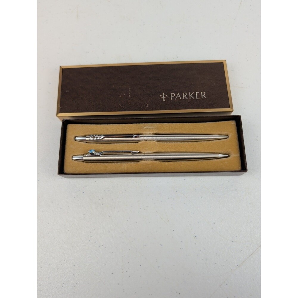 VTG Parker Chrome Mechanical Pencil & Ballpoint Pen Set Advertising See Photos